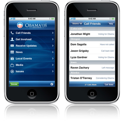 צילומי מסך מתוך האפליקציה של אובאמה ל-iphone